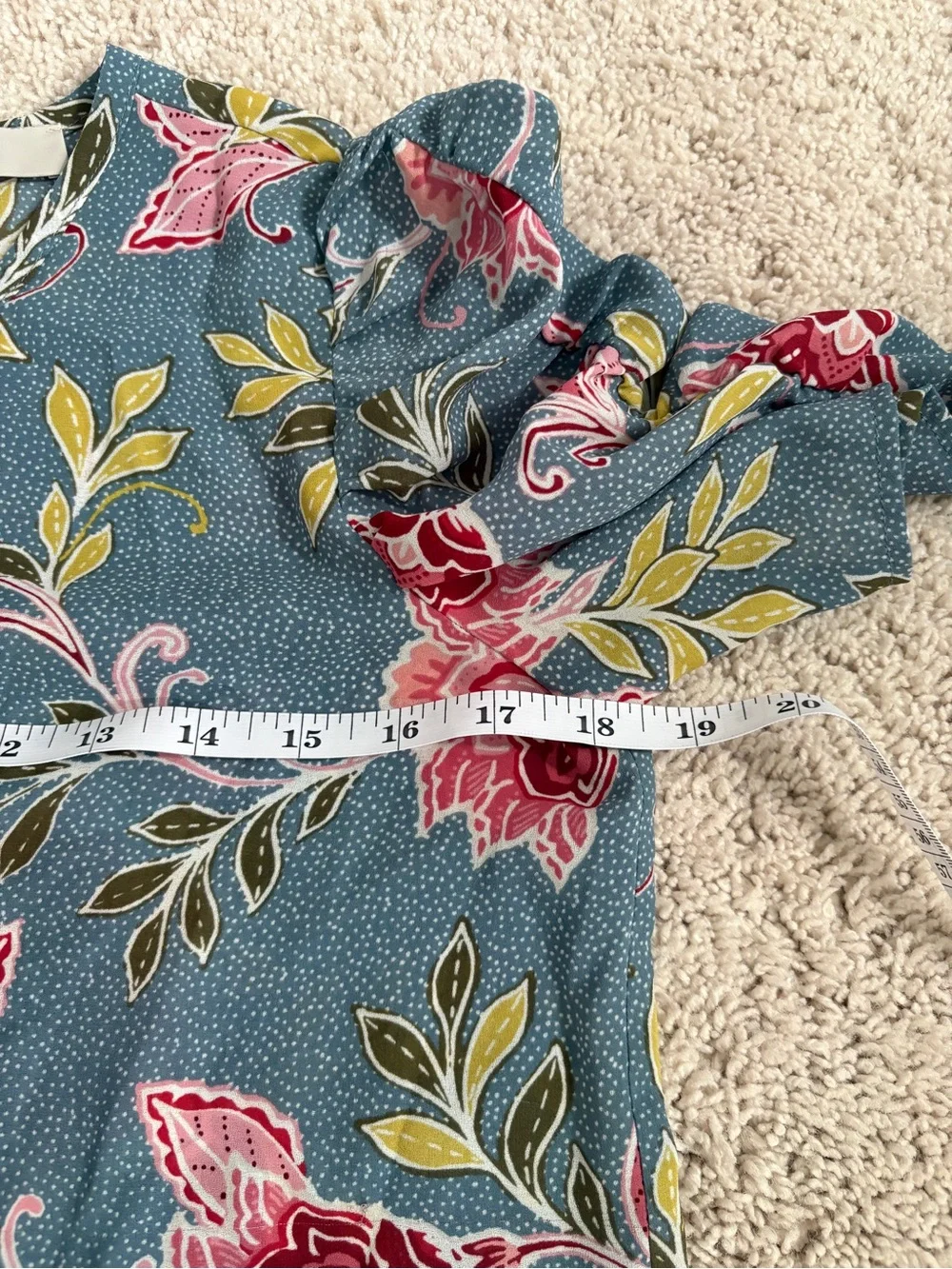 LOFT XS Blue Floral Puff-Sleeve Blouse with Pink Blooms